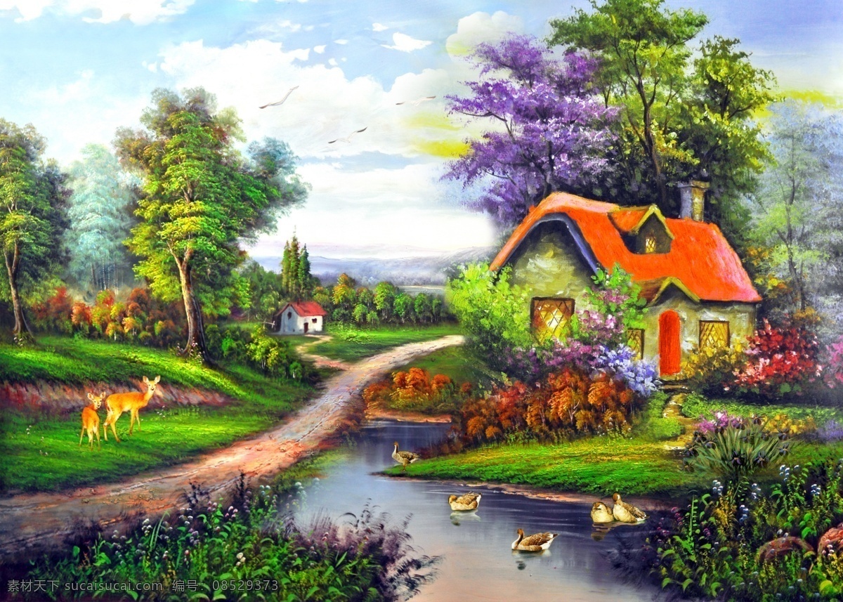 分层 碧水 壁画 草坪 朝霞 大雁 鹅 房子 风景 风景画 油画风景 漂亮 油画 模板下载 山水画 山水油画 油画山水 风景油画 装饰画 手绘 流水 河流 树 树林 红叶树 黄叶树 松树 鲜花 绿草 仙鹤 梅花鹿 鸭子 茅屋 小路 石头 霞光 祥云 云彩 蓝天白云 世外桃园 奇山异水 人间仙境 方 画 源文件 家居装饰素材