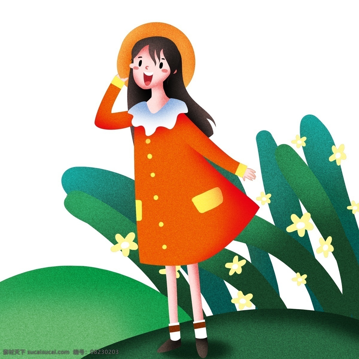 春游 踏青 拍照 女孩 人物 插画 拍照的女孩 绿色叶子 卡通人物 植物装饰 黄色小花装饰