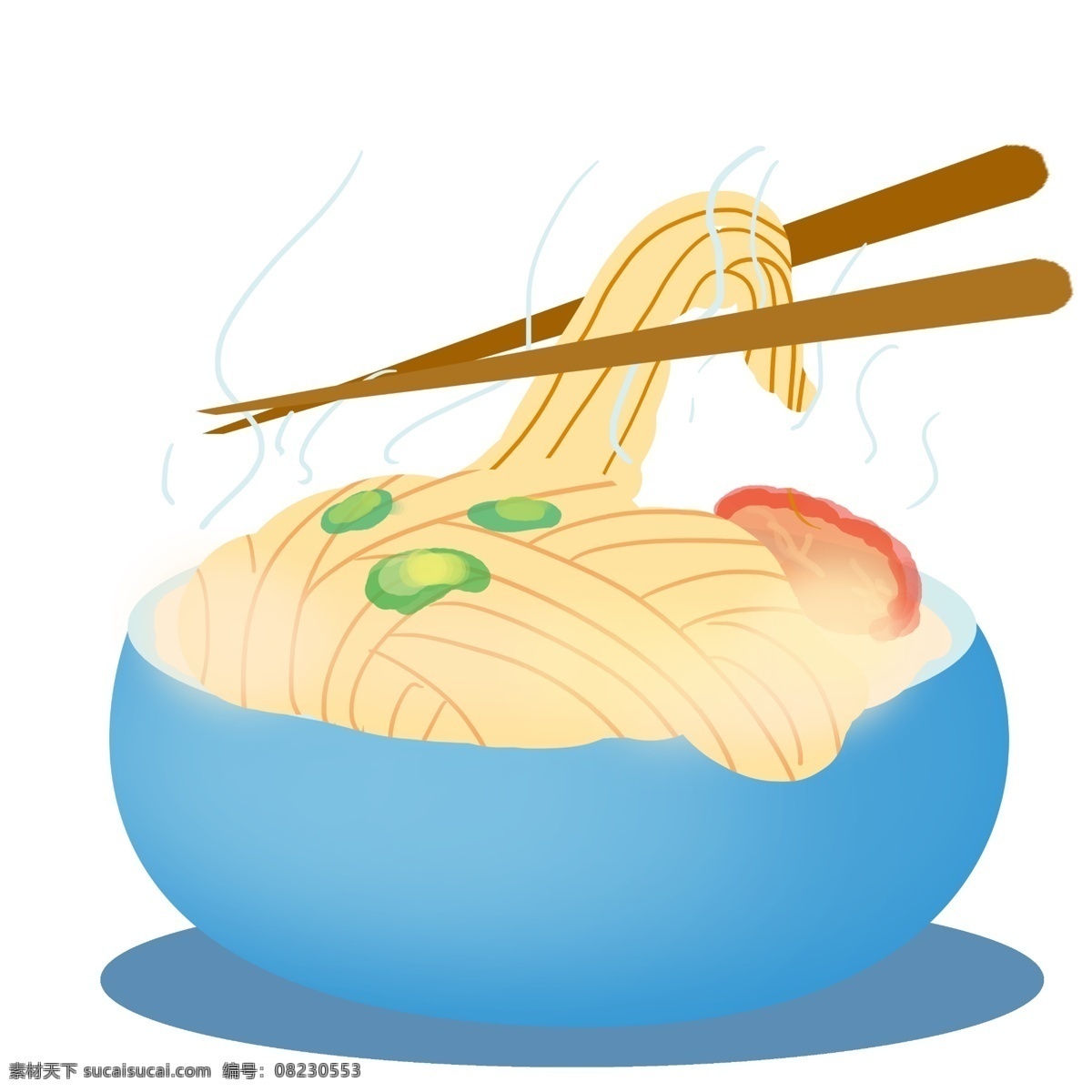 美味 黄色 面条 插画 蓝色的碗具 筷子 拉面 卡通食物插画 创意拉面插画 美味的面条 精致 食物