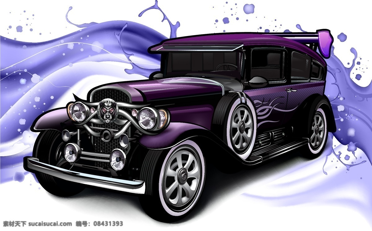 紫色 泼墨 插画 老爷车 白色