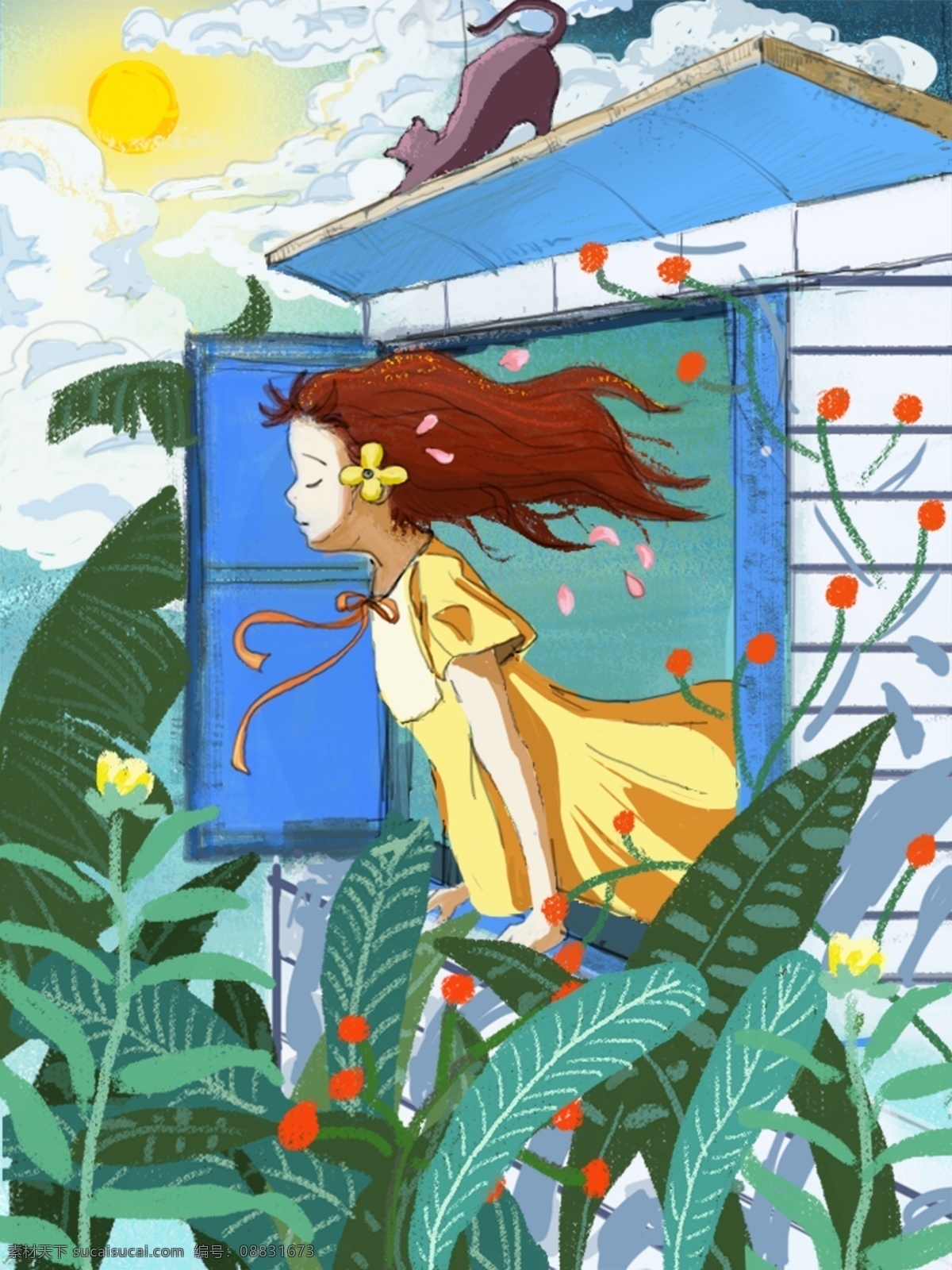 早安 你们 都 好 清新 猫咪 插画 头像 壁纸 少女 手绘 绿植 手机用图 微信用图 微博配图