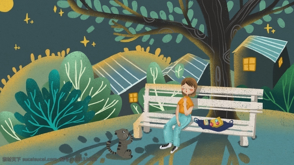个人 生活 小 清新 夜晚 宁静 插画 小清新 浪漫 可爱 简约 女孩 温馨