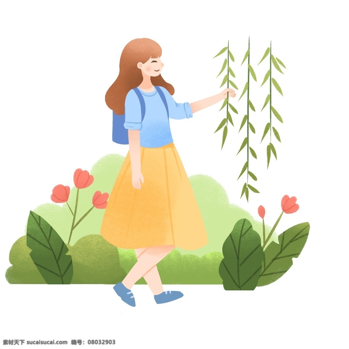 触摸 柳树 小女孩 踏青人物插画 触摸柳树女孩 绿色的叶子 垂钓的柳树 漂亮的小女孩 红色的小花