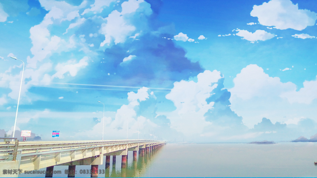 实景 图 转 动漫 背景 海边 桥 天空 蓝色 实景图 背景图 青色 天蓝色