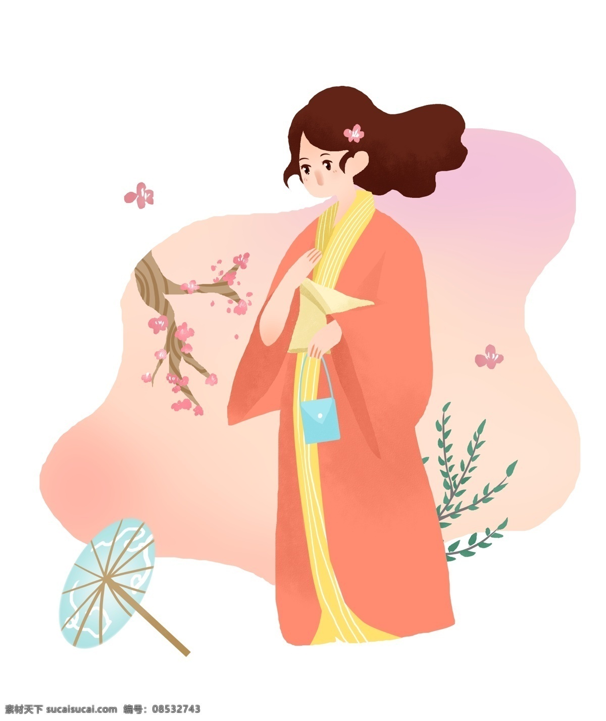 春游 小女孩 插画 樱花节 人物 春游的小女孩 粉色的樱花 蓝色的包包 卡通人物 植物装饰