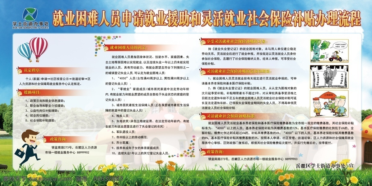 就业 困难 人员 社保 展板 就业社保 申请援助 就业保险 社保补贴 办理社保 展板模板