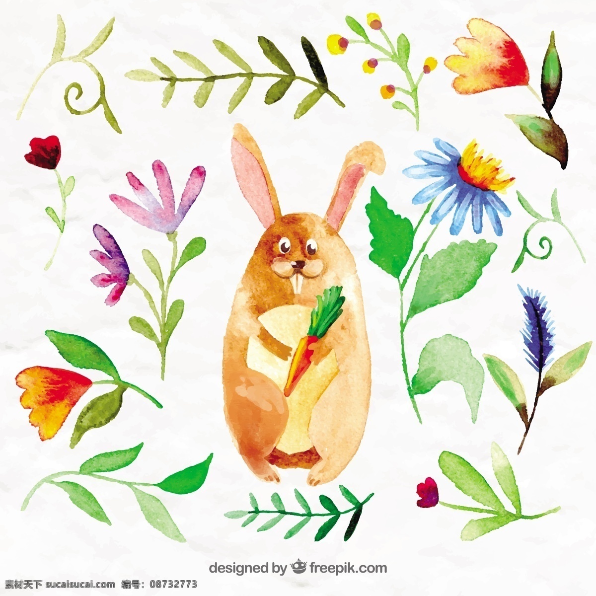 水彩 兔子 花 叶 鲜花 手 自然 动物 可爱的 兔 植物 可爱 胡萝卜 尼斯 画 彩绘