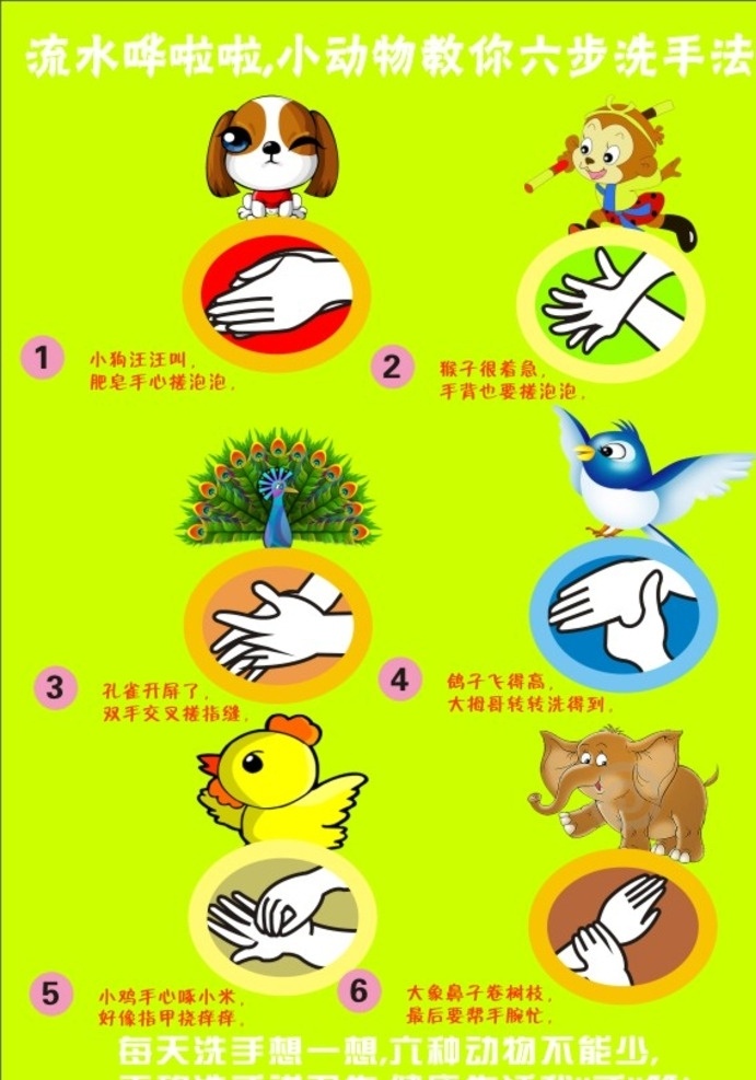 幼儿园 小 动物 六 步 洗手 流程 六步 标志图标 公共标识标志