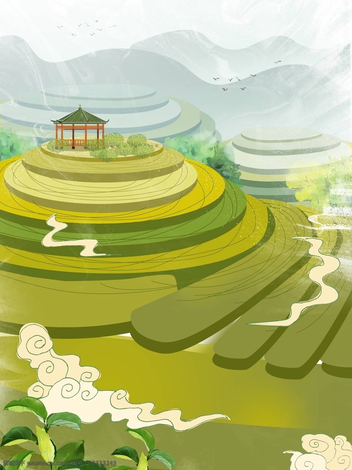 手绘 春季 梯田 茶园 线圈 背景 春天 祥云 茶叶背景 春茶 背景设计 手绘背景 通用背景 特邀背景 促销背景 创意