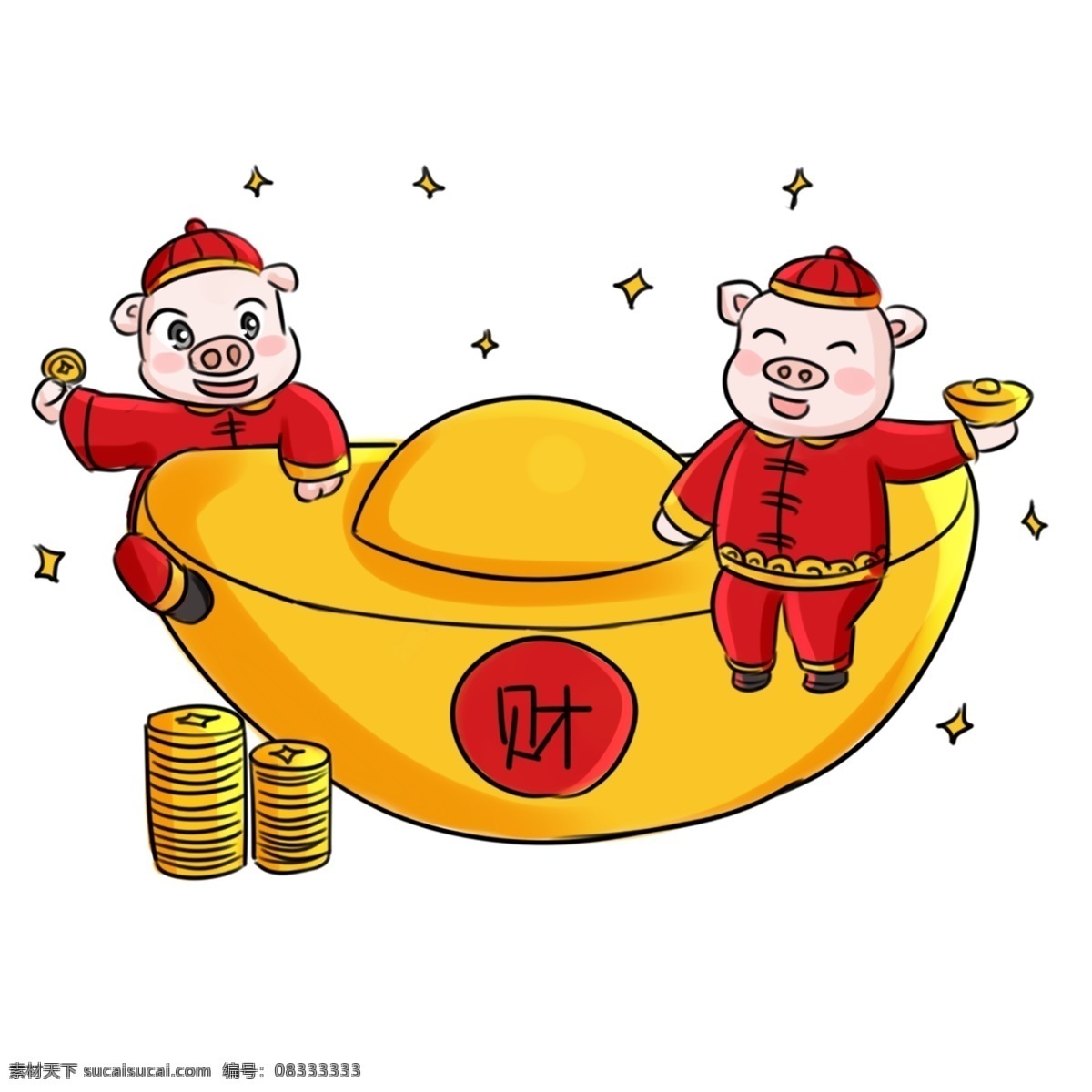 2019 猪年 新年 祝福 系列 卡通 手绘 q 版 金元宝 新气象 手绘卡通 粉红猪 可爱 团聚 过年 烟花 q版 发财 有钱