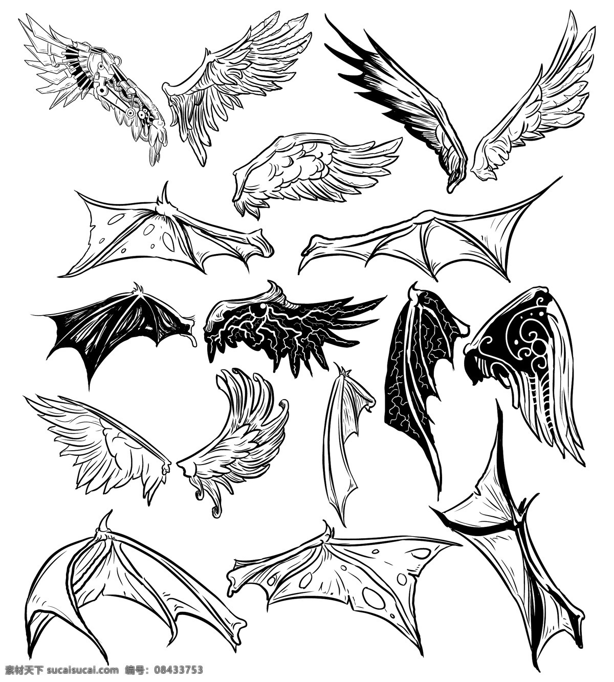 翅膀 羽毛 天使翅膀 翅膀设计 蝙蝠翅膀 翅膀素材 鸟类翅膀 纹身图案 手绘 矢量 白色