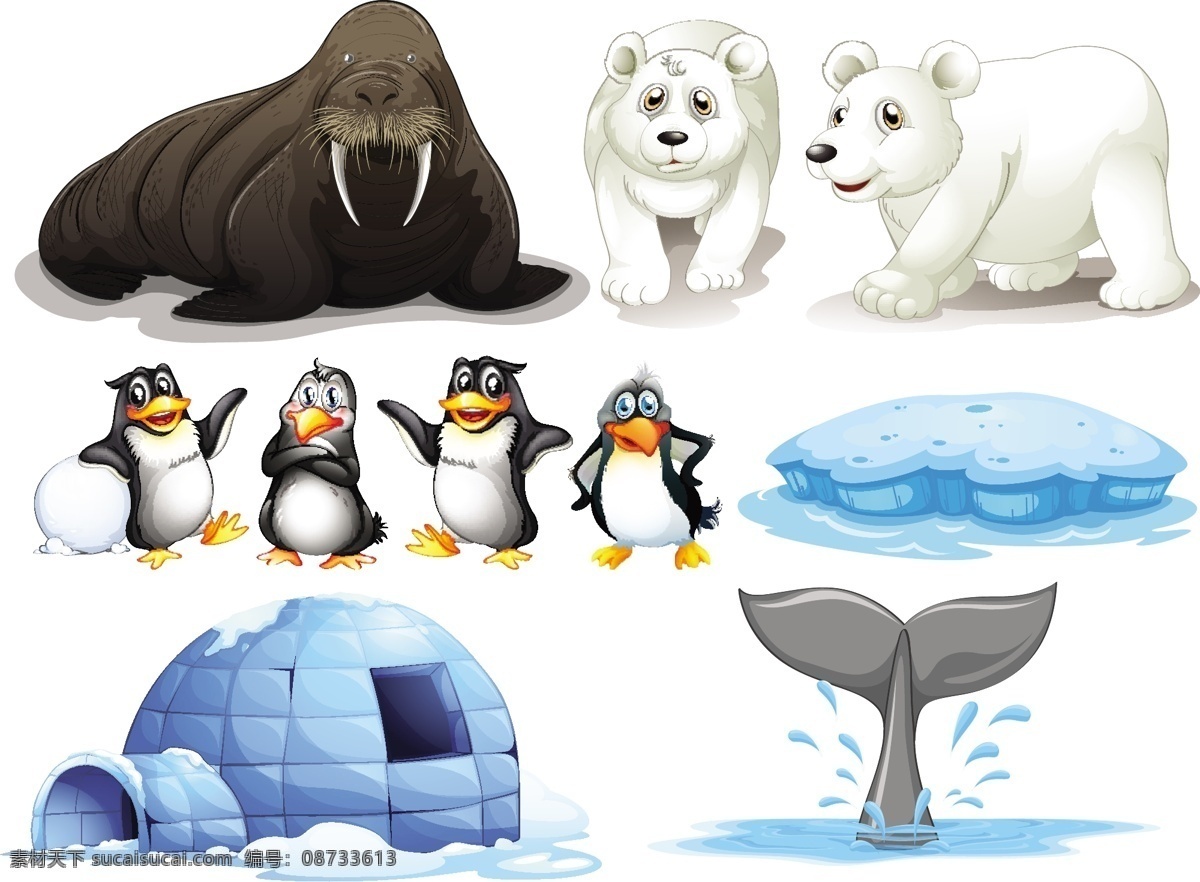 北极 南极 动物 鲸 卡通企鹅 冰屋 北极熊 海象 海洋动物 海洋生物 卡通动物漫画 动物插画 卡通动物插图 陆地动物 生物世界 矢量素材