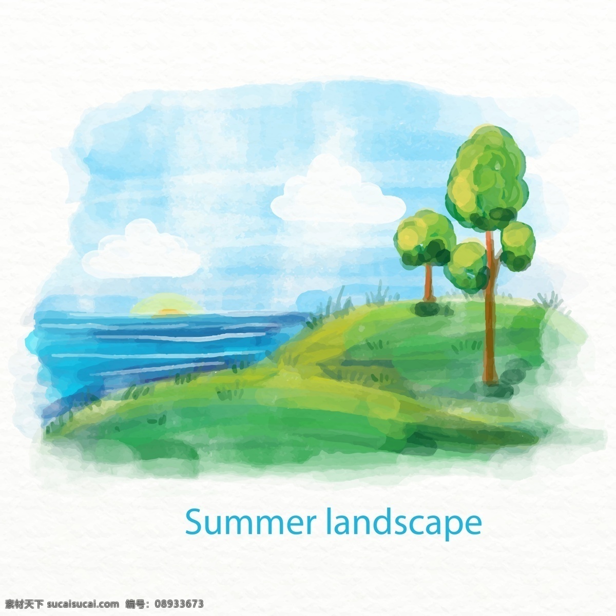 水彩 绘 夏季 海边 树木 风景 矢量图 云朵 草地 大海 自然 文化艺术 绘画书法
