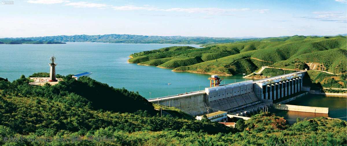 辽宁 朝阳 白石 水库 电站 水闸 蓄水湖 下游河 丘陵 云天 景观 景点 国内旅游 旅游摄影