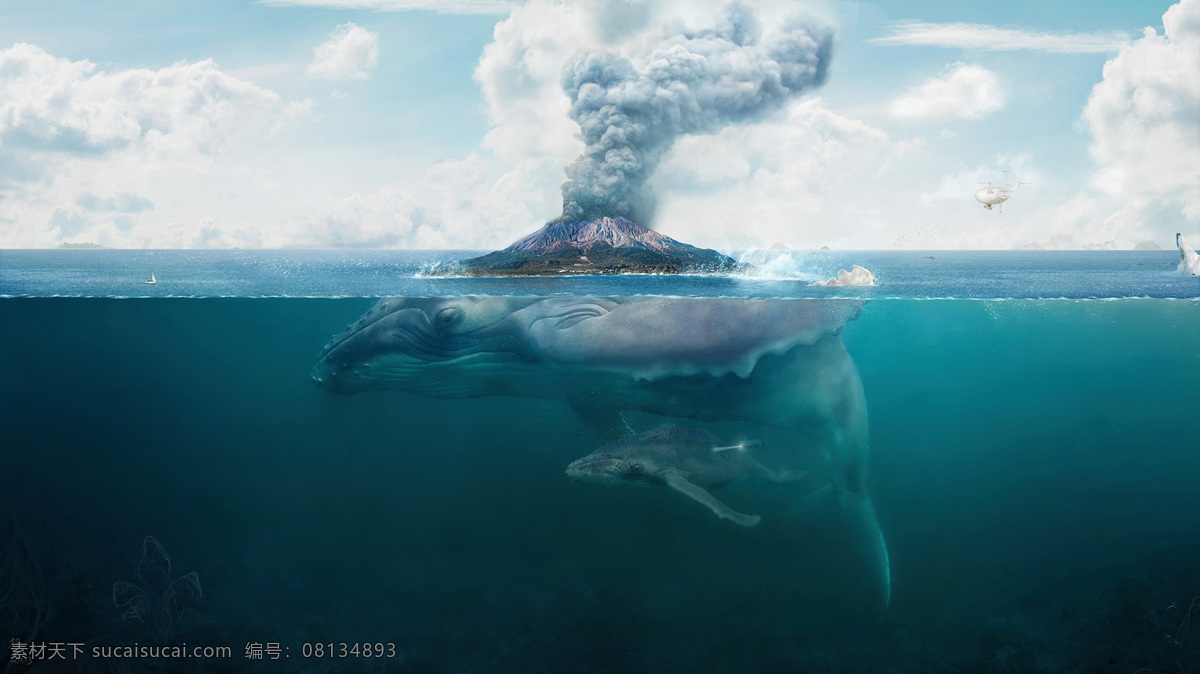 鲸鱼 鲸 大鲸鱼 海底 海平面 火山 爆发 浓烟 潜水 海天 航行 创意 壁纸 水下 风景漫画 动漫动画