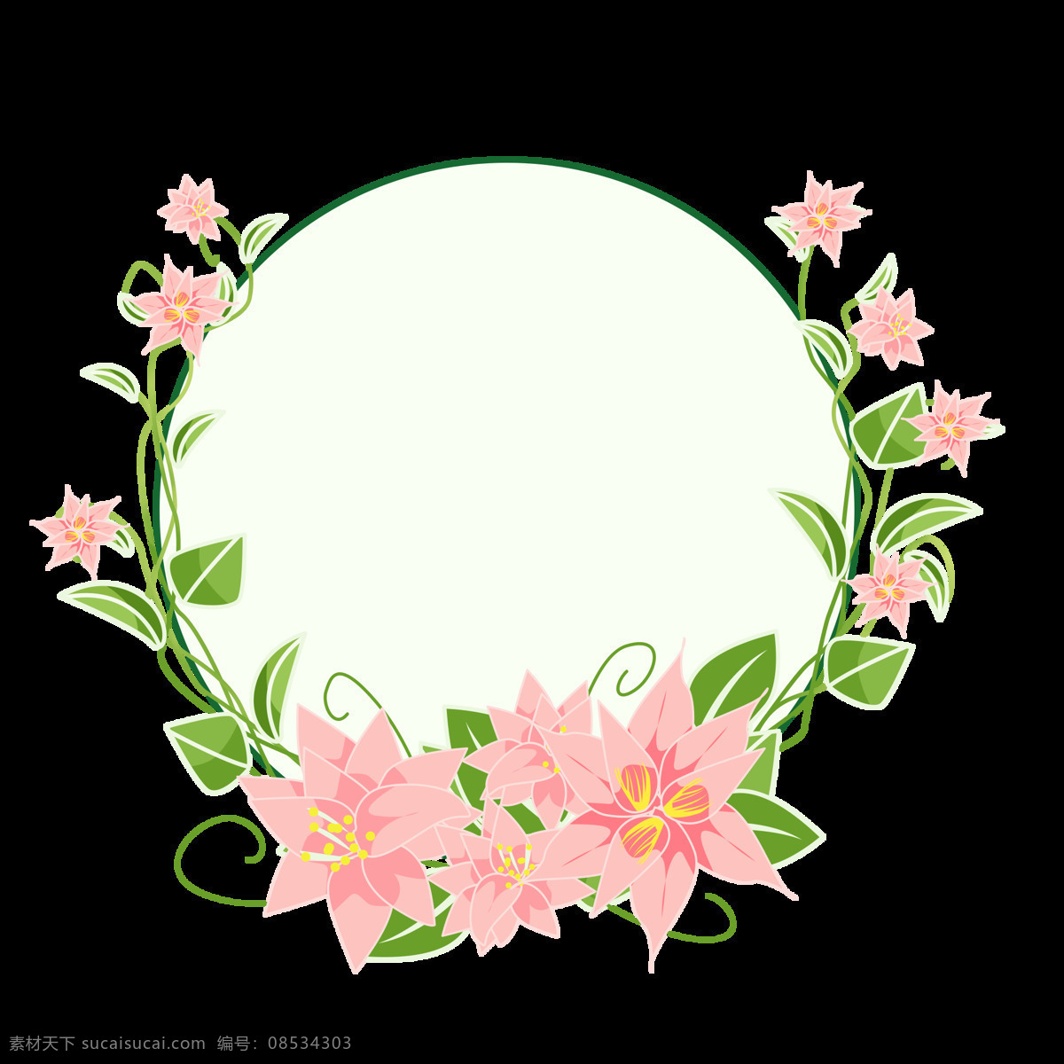 手绘 粉色 花卉 圆形 边框 元素 唯美 浪漫 矢量 古风