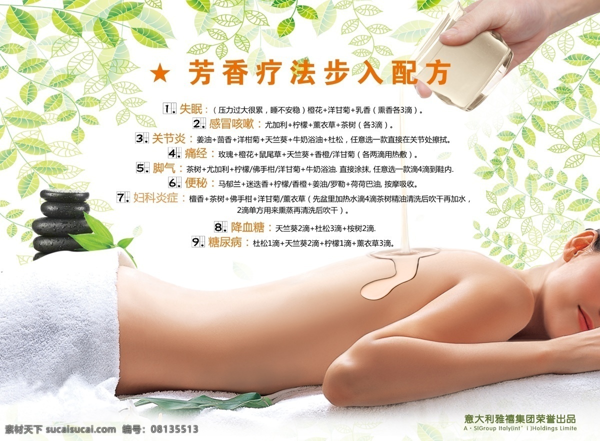 精油 精油配方 芳香精油 身体护理 spa 按摩 精油功能 美容院海报 spa美女 美女身体 绿色背景 护肤品海报 护肤品单页 美容院活动 海报模板 广告设计模板 源文件