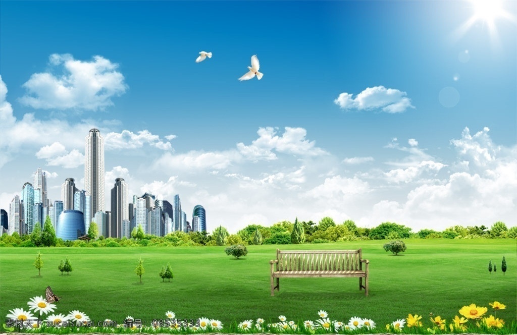 城市风景 蓝天 白云 建筑 城市 城镇 自然风景 房地产广告 房地产 风景 白鸽 小区 座椅 木椅 草 花 花丛 树 树丛 阳光 背景 展板模版 宣传栏 海报 宁静 美景 秀丽风景 空气清新 春天 广告设计模版 分层 源文件 蓝天白云