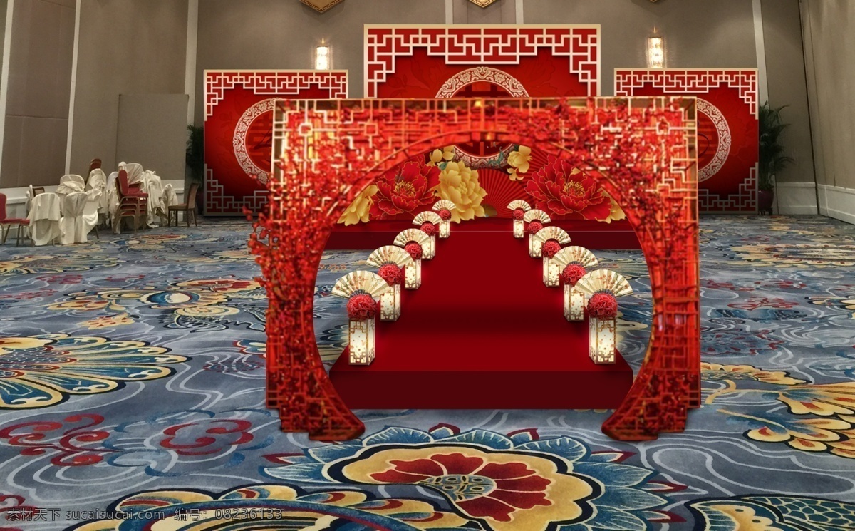 中式 婚礼 舞台 效果图 红色 室内 红色主题 复古
