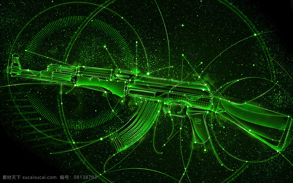 枪械 ak47 绿色 星光 圆圈 设计描绘色彩 线图 机枪 冲锋枪 机关枪 突突枪 绿色ak47 军事武器 现代科技