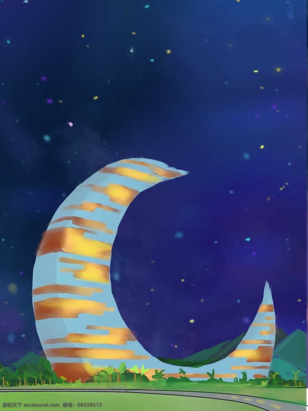 简约 蓝色天空 月亮 插画 背景 月亮插画 手绘背景 蓝色背景 天空背景 卡通背景 插画背景
