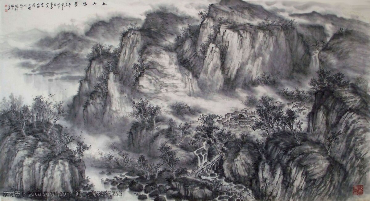 风景画 国画 河流 河水 绘画书法 山峰 山水画 书法 秋山 幽 梦 设计素材 模板下载 秋山幽梦 中国画 写意画 大师作品 写意 小河 树木 水墨画 木屋房子 文化艺术 装饰素材 山水风景画