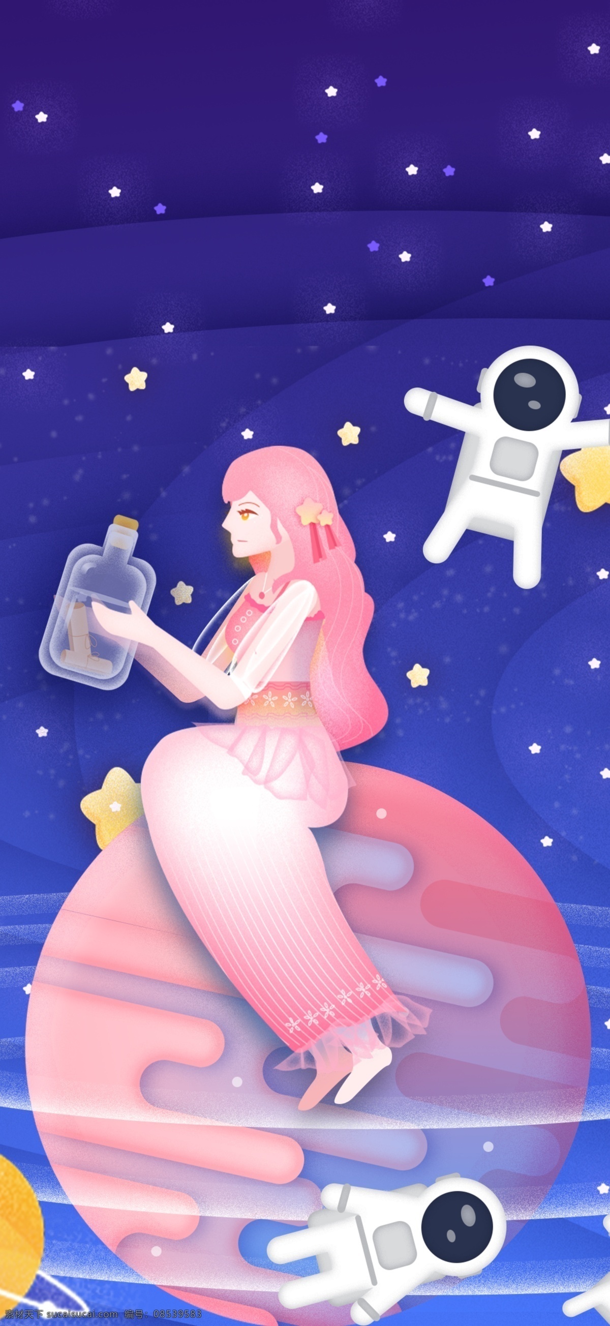 原创 插画 星空 星球 漂流 瓶 少女 宇宙 星星 科技 漂流瓶 星海 宇航员 星轨 银河 夜晚 夜空 航天服 月球 太阳系