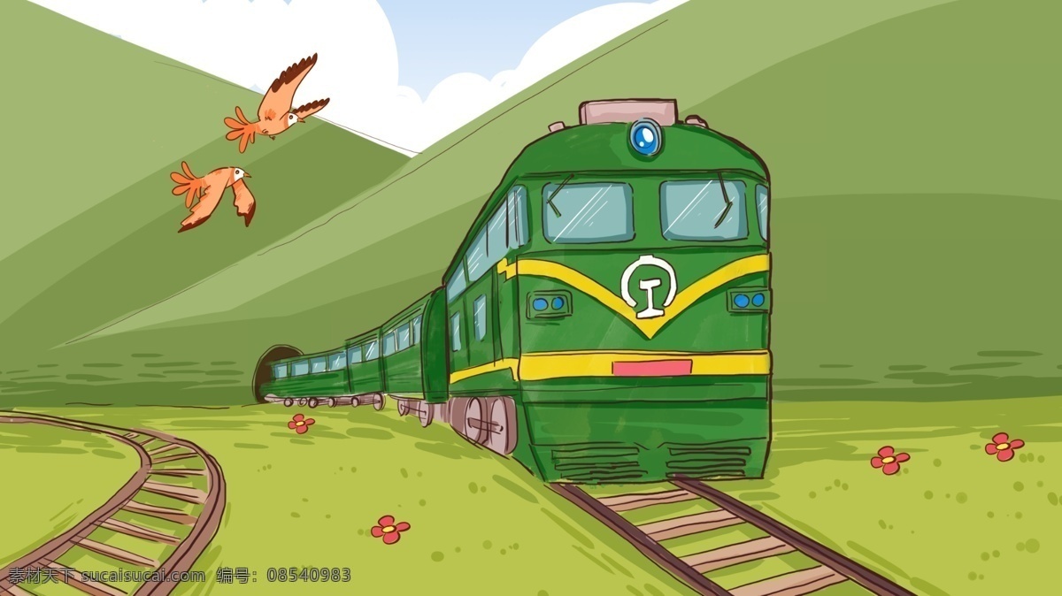 坐 火车 去 旅行 手绘 原创 插画 旅游 鸟 草地 绿皮火车 铁路 大自然 夏天