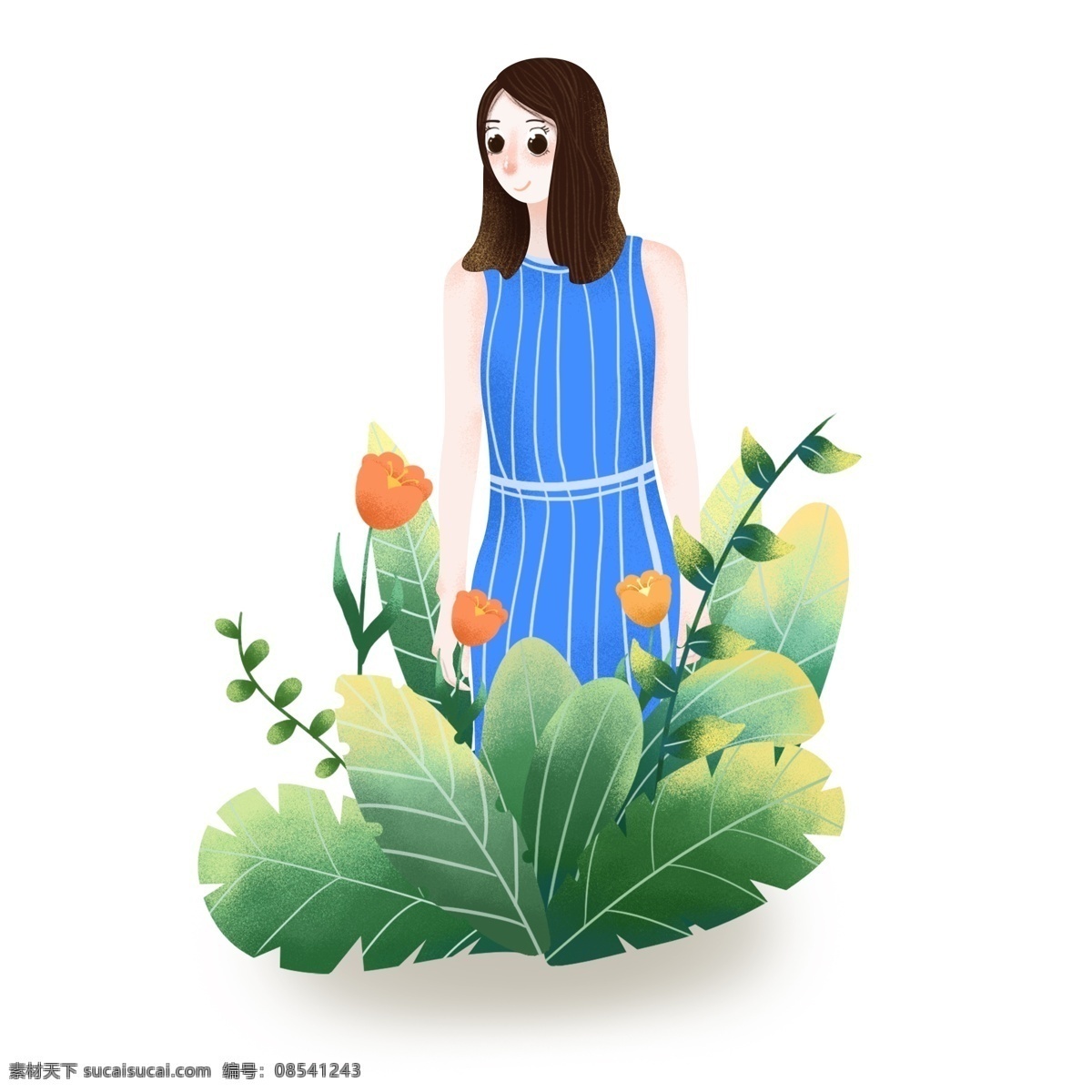 手绘 春天 绿植 鲜花 女孩 人物 小 插画 元素 手绘人物 手绘鲜花 手绘植物 植物元素 鲜花元素 人物元素 春天元素