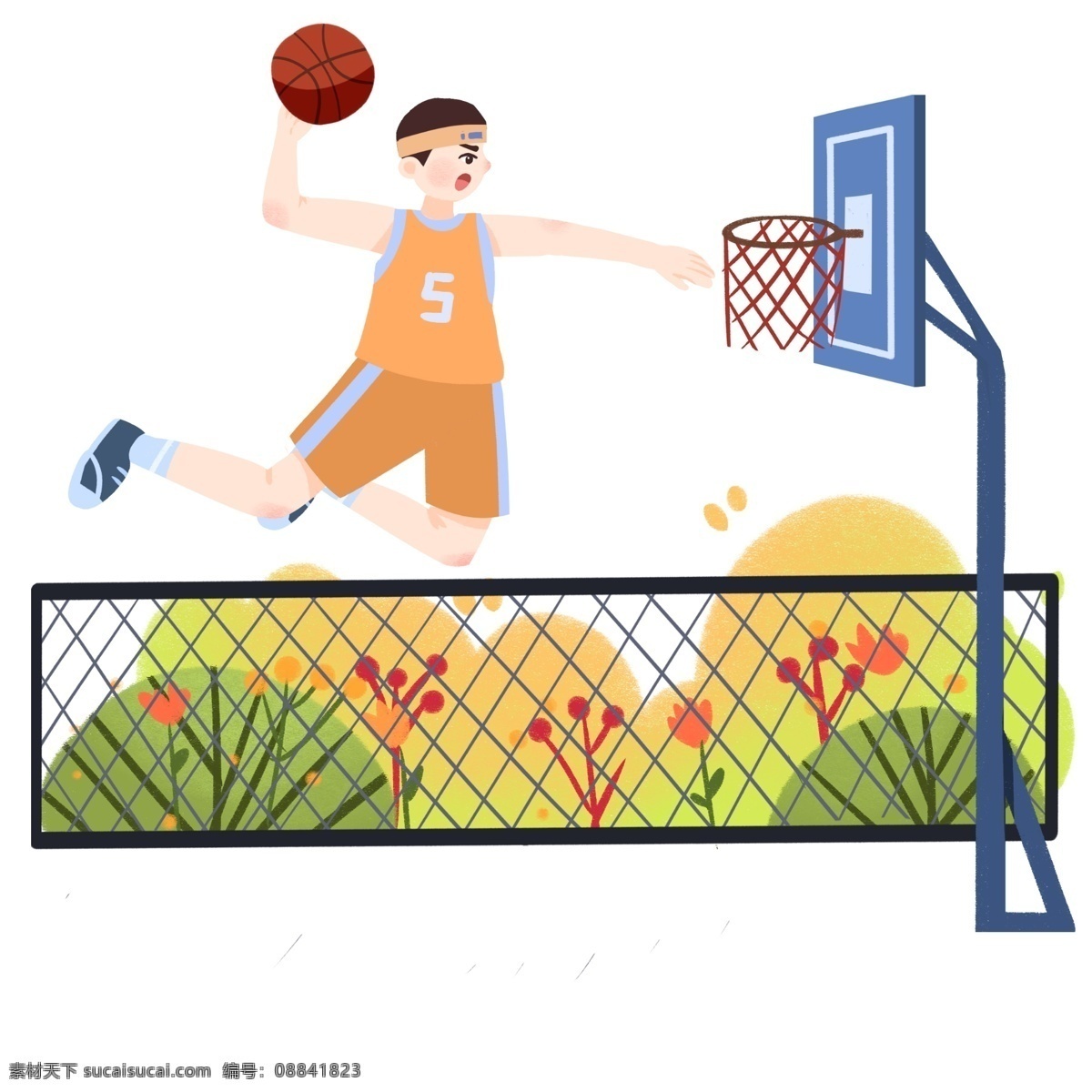 篮球 健身 小 男孩 运动健身插画 篮球健身 黄色的篮球 红色的小花 卡通人物