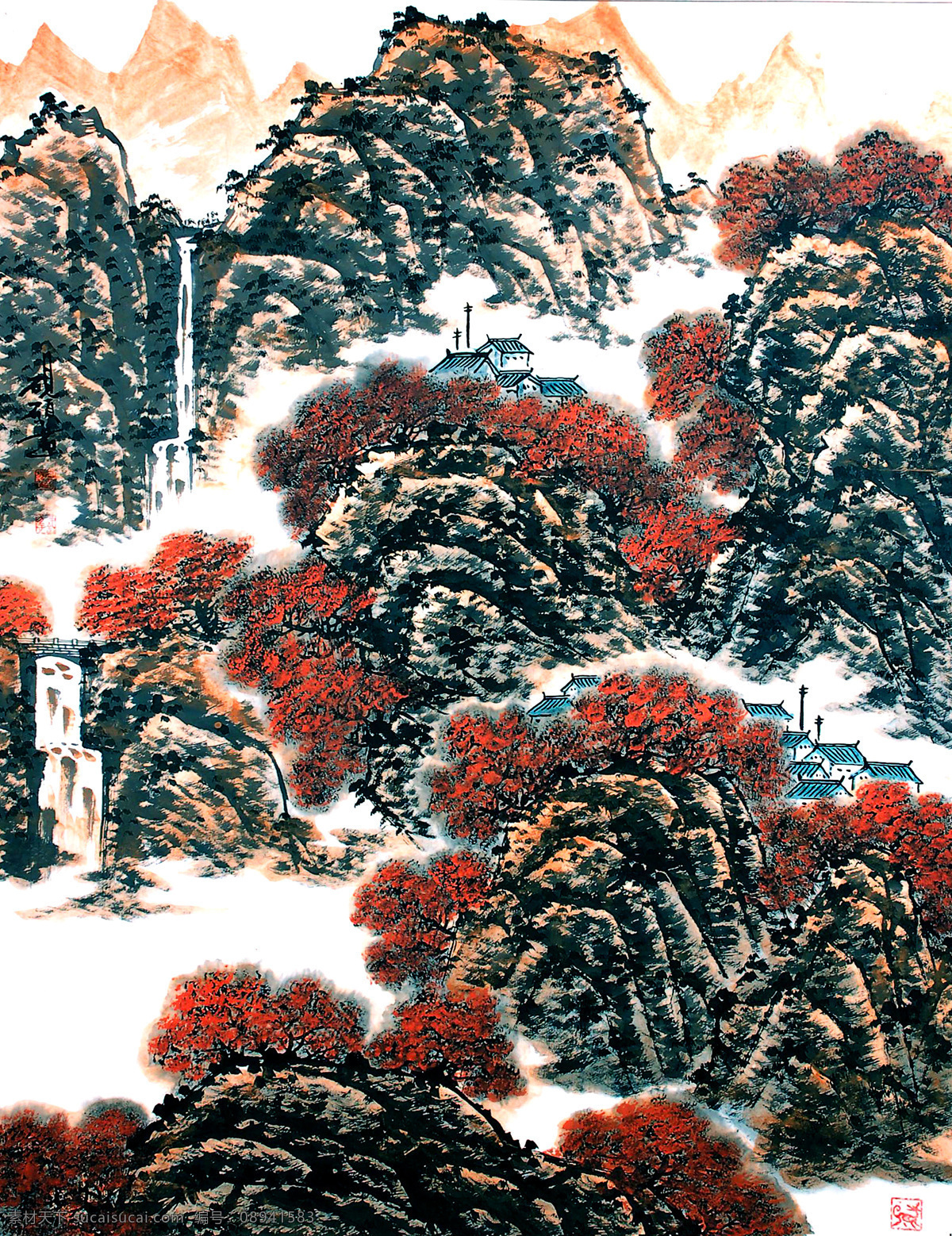 房子 国画艺术 绘画 绘画书法 美术 瀑布 秋色 人物 正是 红叶 浓 情 时 中国画 山水画 山岭 深山 溪流 秋林 树木 红树 云雾 石头 书法 印章 国画集54 文化艺术 家居装饰素材 雕刻 图案