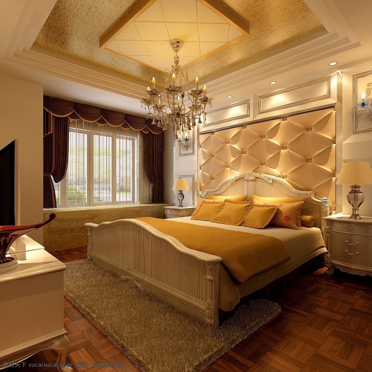 高端 卧室 装修 大床 吊灯 软包 时尚 3d模型素材 室内装饰模型