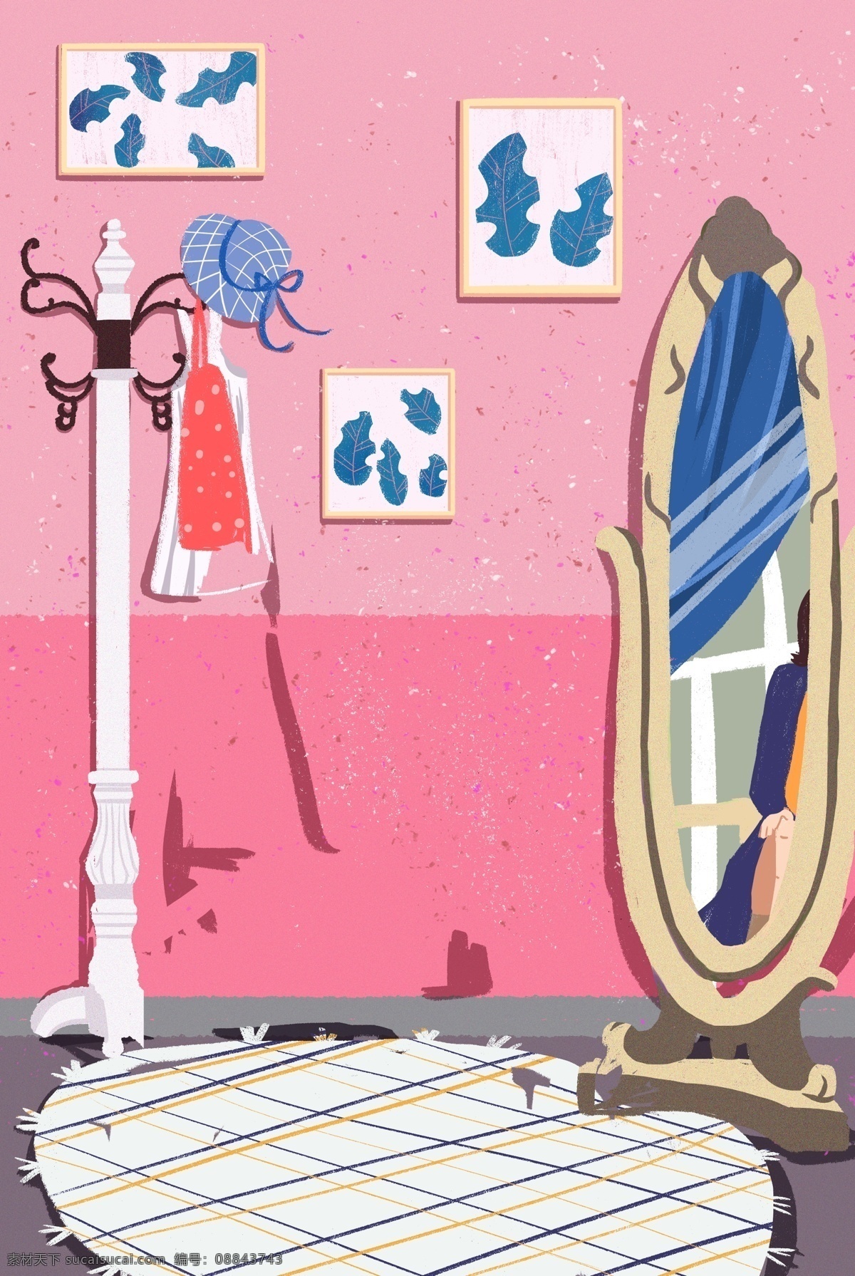 卡通 害 居 镜子 衣架 免 抠 图 卡通家具 衣服 相框 白色的地毯 粉红色的墙壁 沙发 免抠图