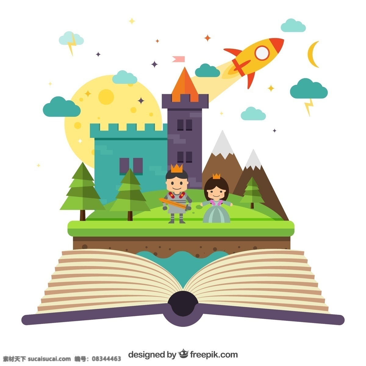 打开 书本 中 童话 世界 矢量 火箭 王子 公主 雪山 树木 月亮 云朵 城堡 立体书 矢量图