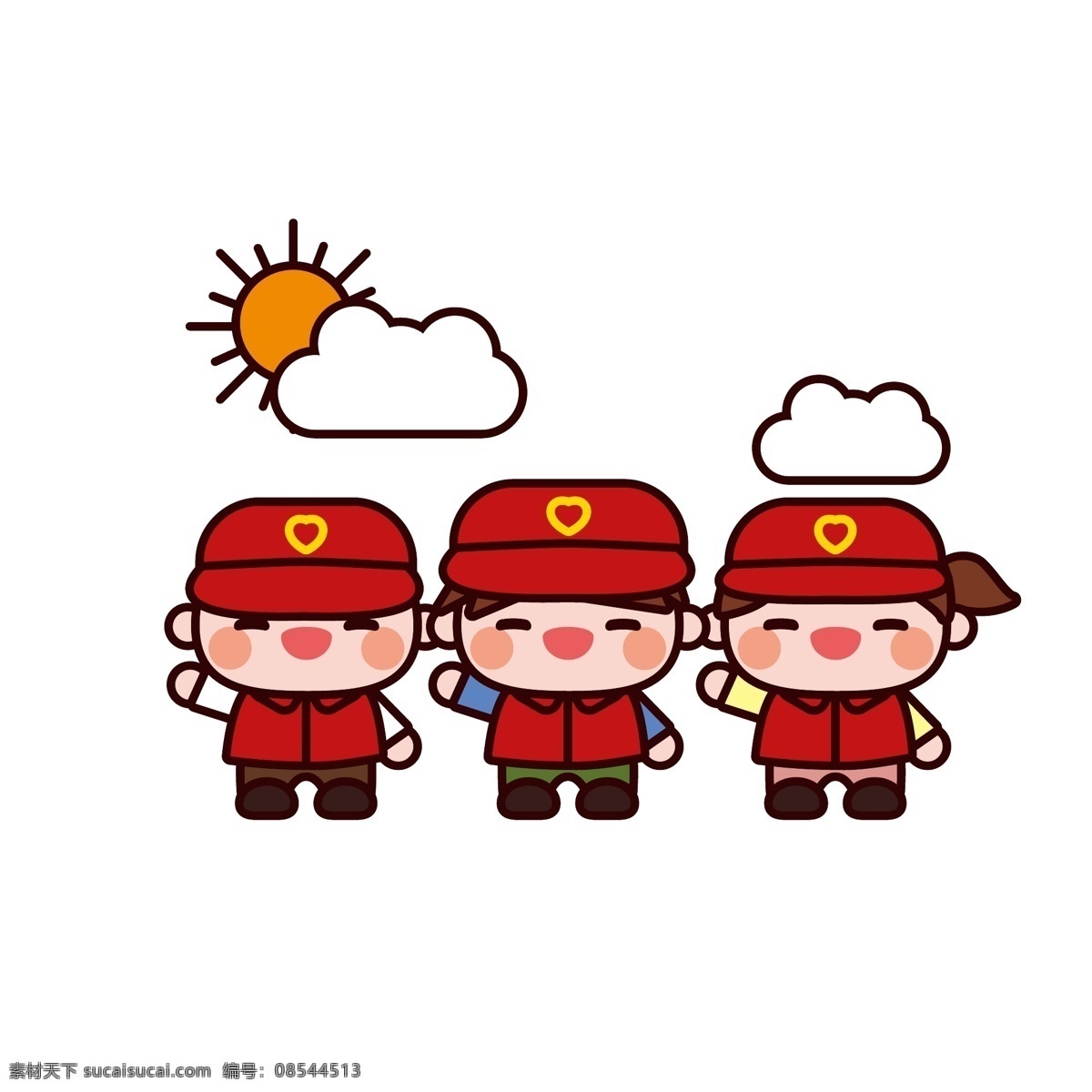 卡通 三个 志愿者 矢量 插画 可爱人物 帮助他人 手绘卡通 装饰图案 做公益 年轻人 善良 红色的帽子