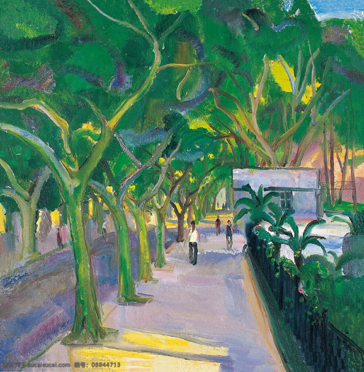 房子 风景画 公园 花木 绘画书法 绿树 美术 绿荫道 油画 行人 油画艺术 油画作品37 文化艺术 家居装饰素材