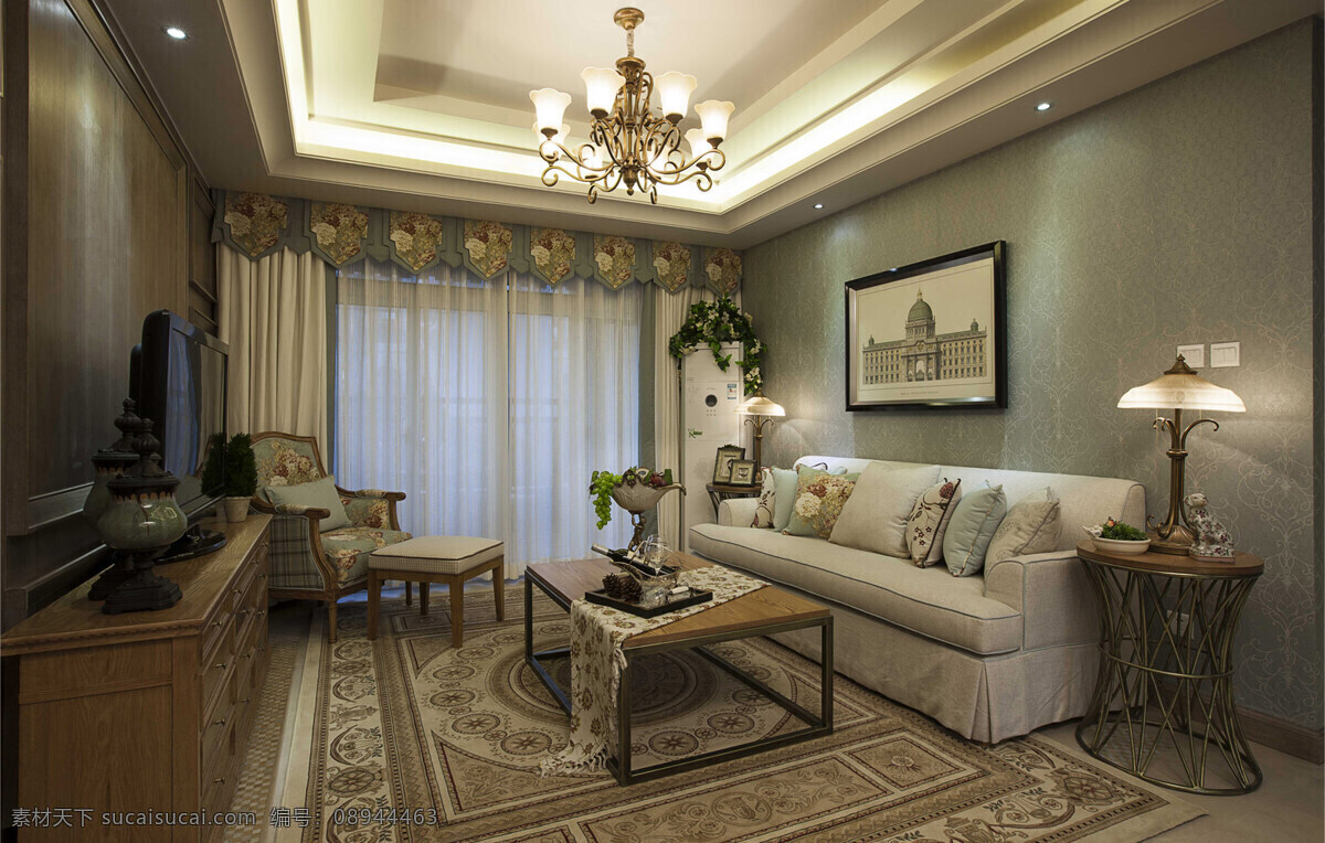 欧式 时尚 金 褐色 背景 墙 客厅 室内装修 效果图 客厅装修 金色吊灯 方形茶几 木制电视柜