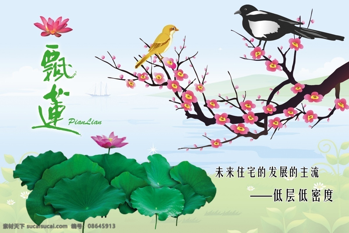 分层 草地 荷花 莲花 绿色 梅花 清水 天空 飘莲素材下载 飘莲模板下载 飘莲 喜鹊 文字 红喜鹊 黑喜鹊 自然 悠闲 清静 源文件 psd源文件