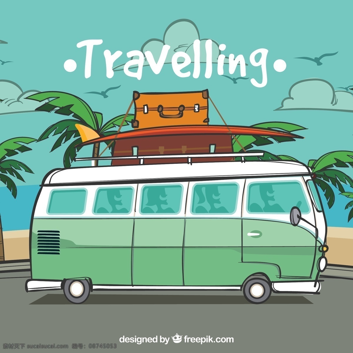 彩绘 海边 度假 巴士 矢量 海鸥 云朵 棕榈树 行李箱 椰子树 冲浪板 大海 客车 沙滩 动漫动画 风景漫画