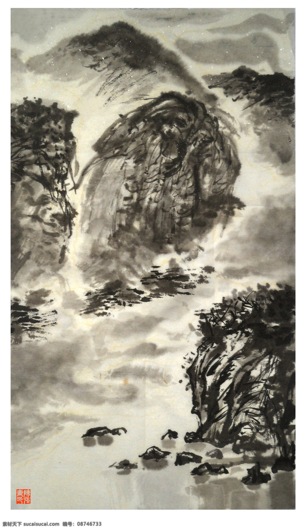 高山 国画山水 河流 绘画书法 流水 青山 群山 山 春水锦锦 中国画 山水画 纸本设色 山峰 山坡 石 石头 云雾 树木 印章 陈强 国画作品 文化艺术 家居装饰素材 雕刻 图案