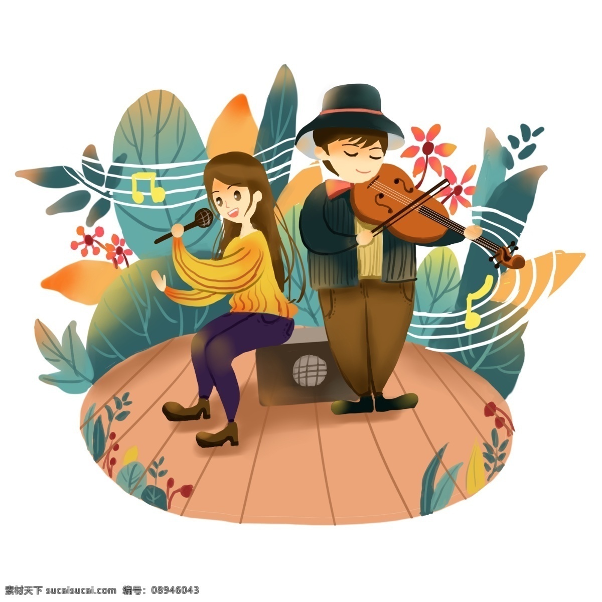 音乐节 唱歌 弹 吉他 场景 商业 插画 元素 乐器 拉小提琴 小清新