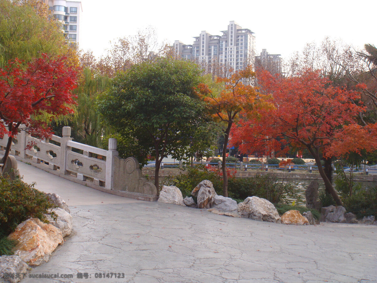 公园风景 高层建筑 过桥 石栏杆 红色 黄色 绿色 树木 石头 园林建筑 建筑园林