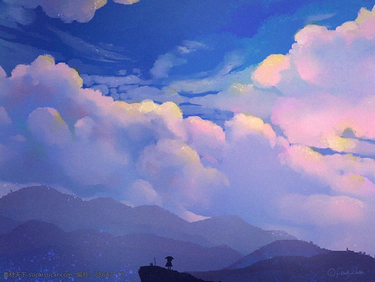 天空 白云 岩石 山 彩色 动漫动画