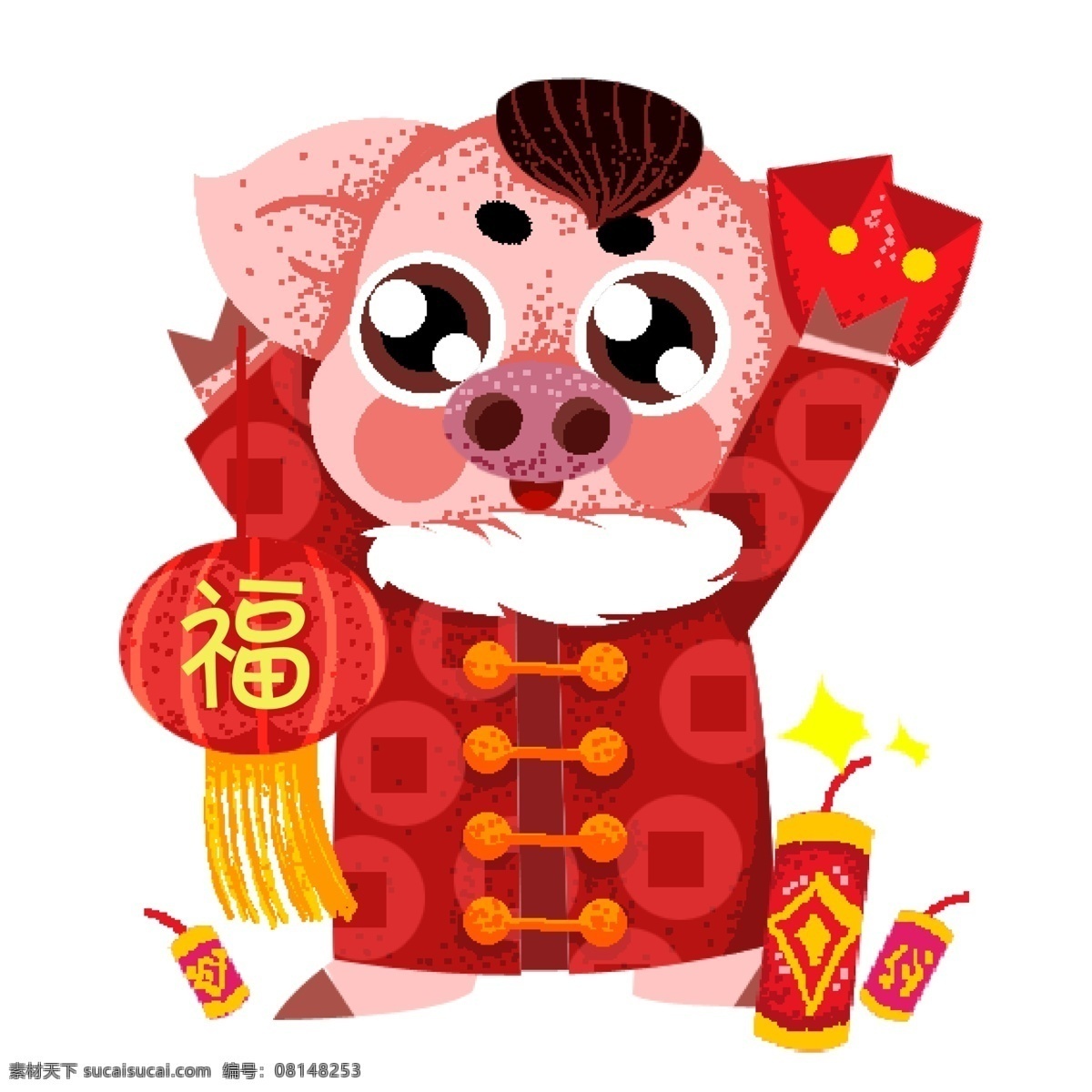 手绘 可爱 猪 宝宝 灯笼 放 鞭炮 原创 元素 红色 中国元素 新年快乐 设计元素 猪宝宝 原创元素