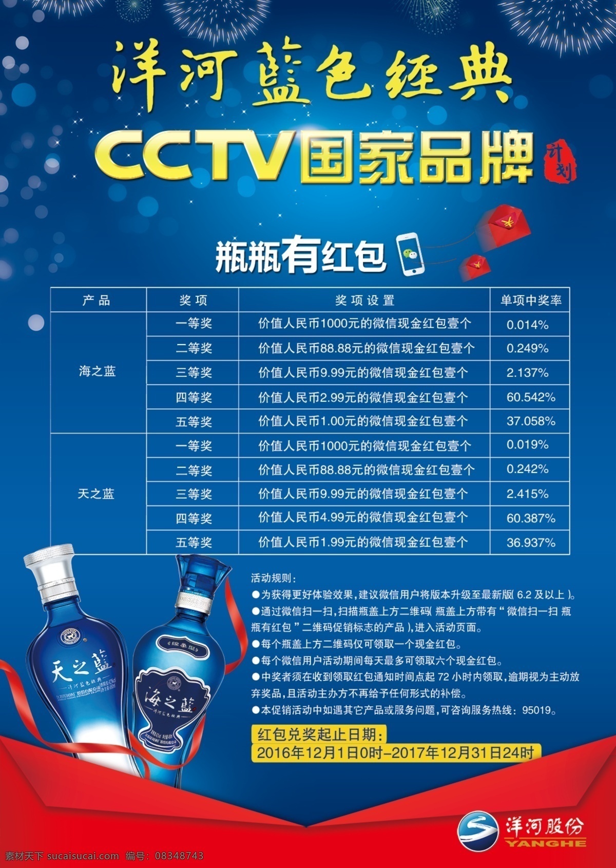 2017 春节 含 促销 内容 海报 洋河 酒 蓝色经典 cctv 蓝色背景 红色背景 红包