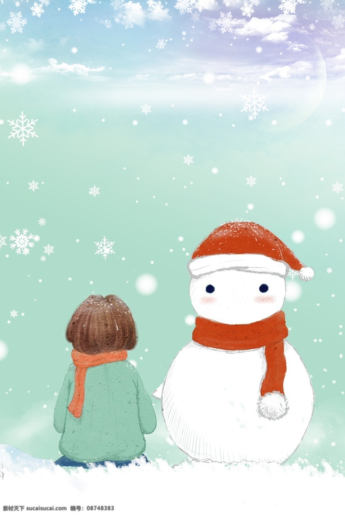 蓝色 简约 冬令营 背景 海报 文艺 清新 冬季 女孩 雪人 天空 雪花
