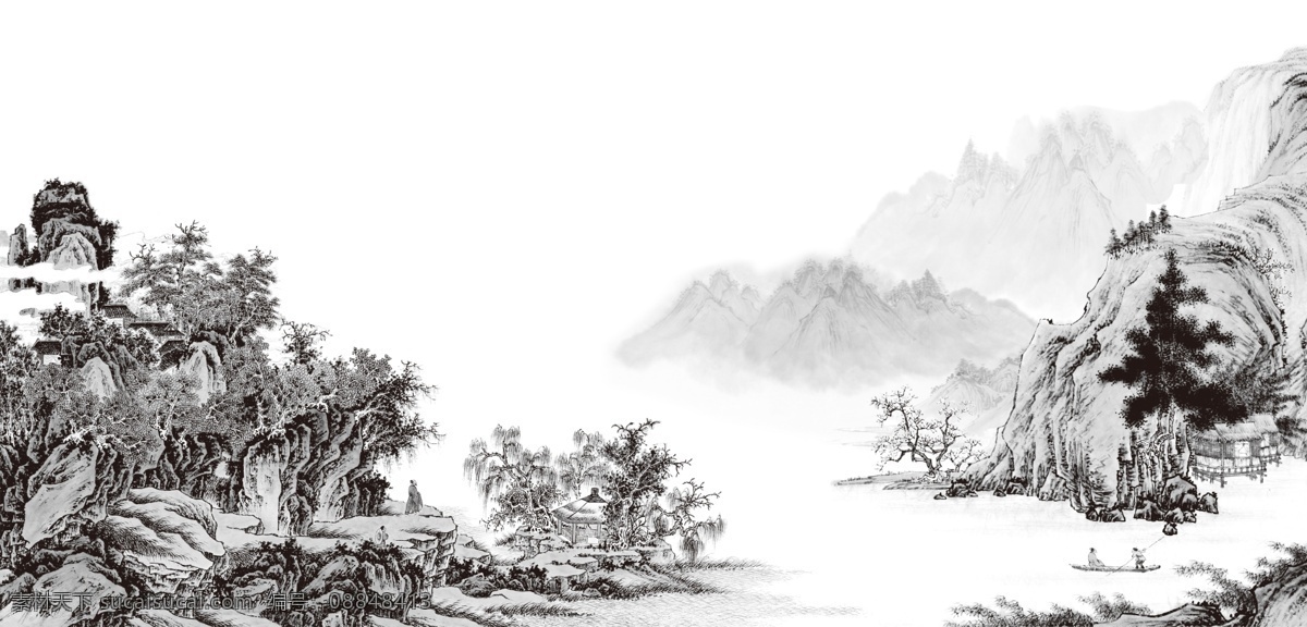 古风 深灰色 树木 山水画 装饰 元素 中国风 植物 山峰 装饰元素 雾气