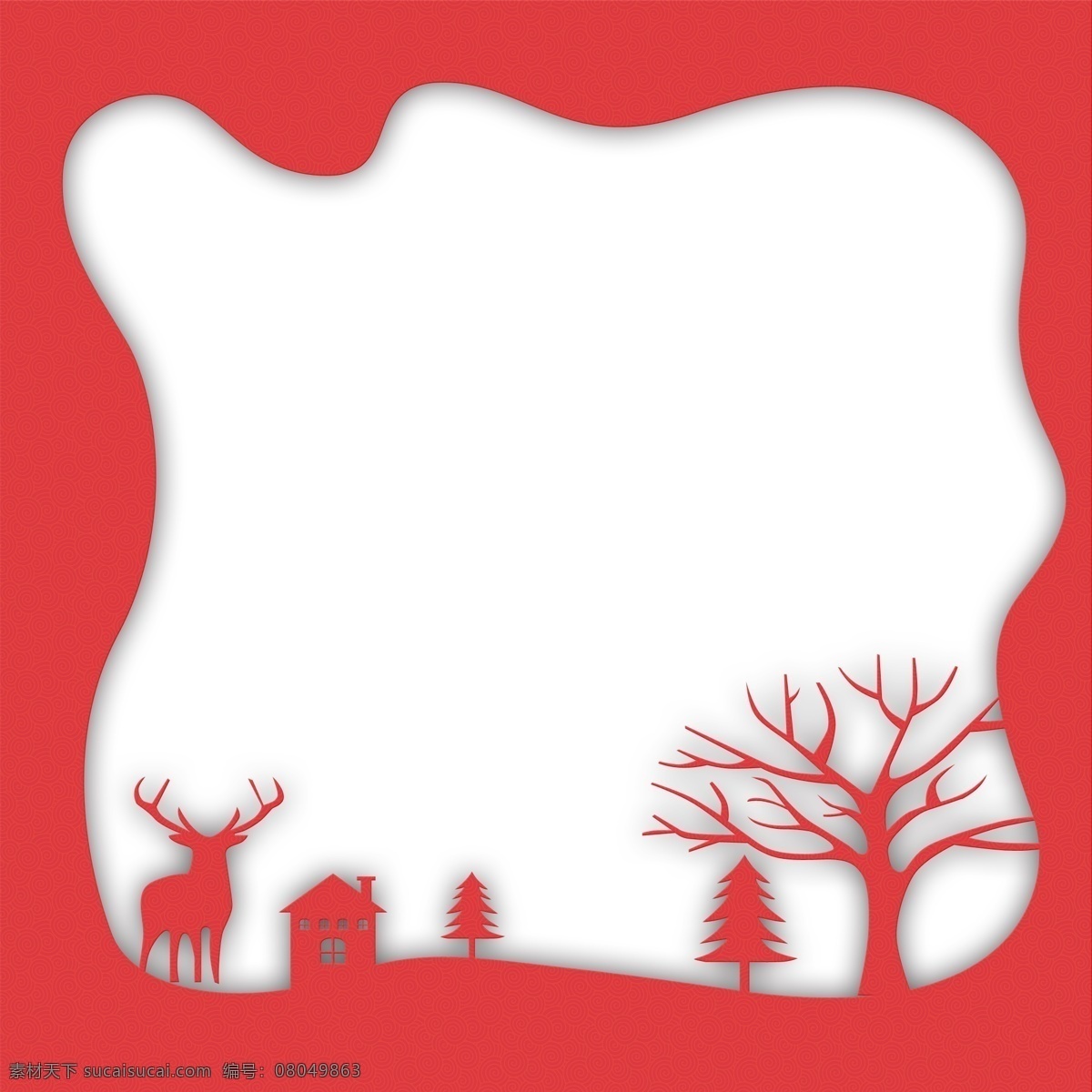 红色 喜庆 剪纸 边框 元素 庆祝 纹理 植物 大树 装饰 麋鹿 动物 房屋 建筑