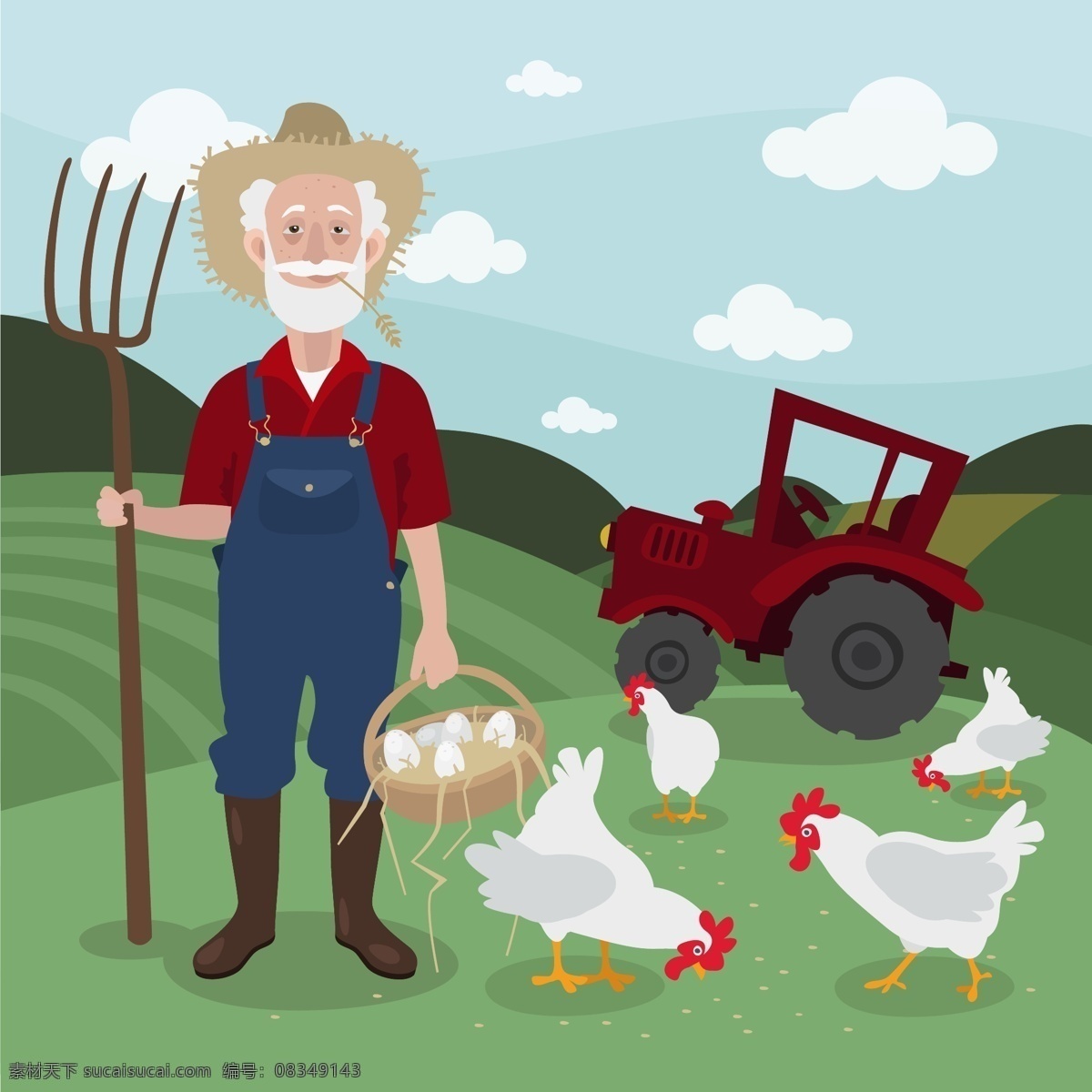 卡通 白 胡子 农夫 矢量 云朵 田地 农场 拖拉机 鸡 鸡蛋 饲料 动漫动画 风景漫画