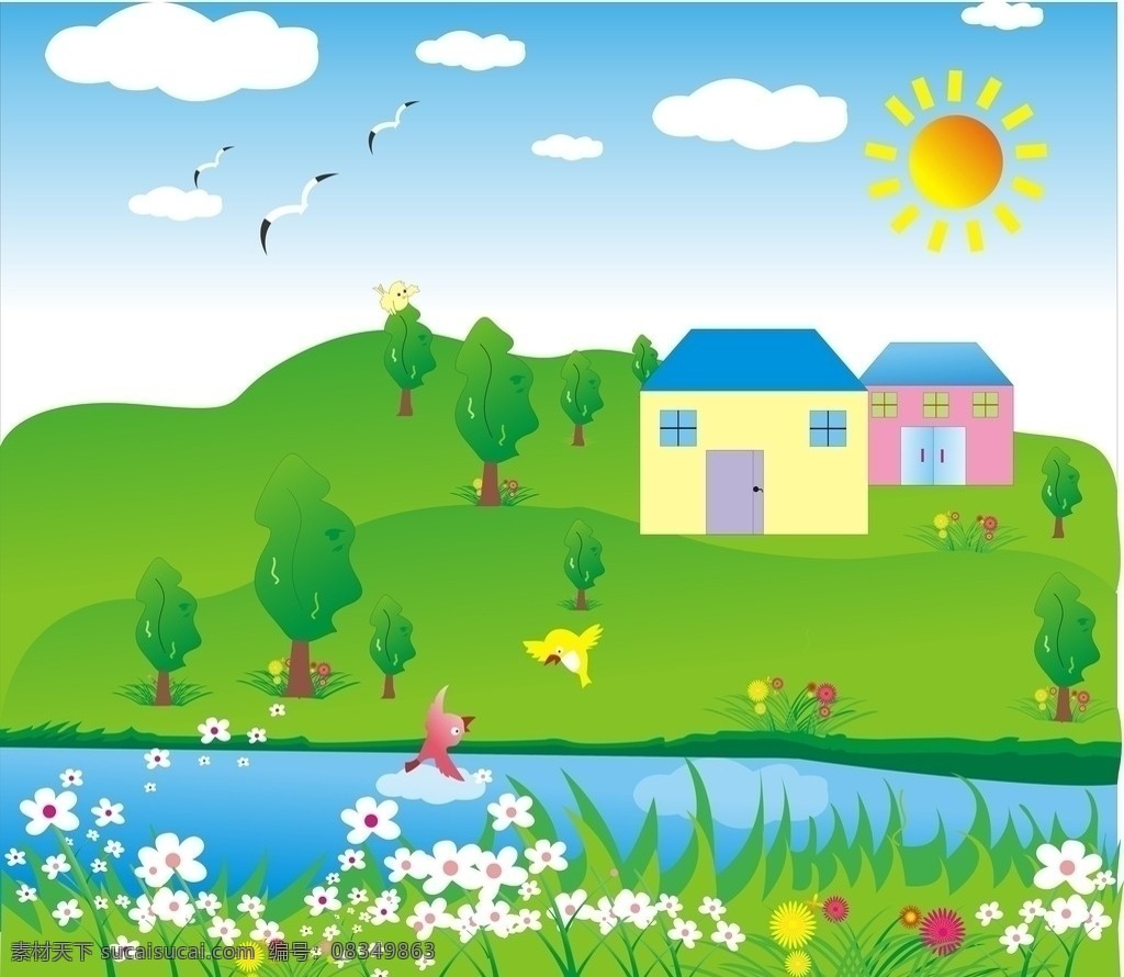 美丽家园 家园 绿色 黄色 小鸟 太阳 花朵 花 蓝天 白云 水 小河 房 矢量图形 矢量